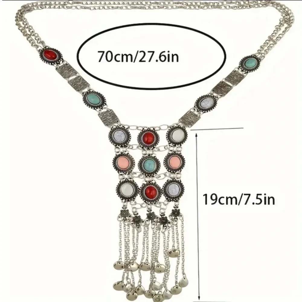 Silver Stone Chain Necklace Boho Tribal Hippie